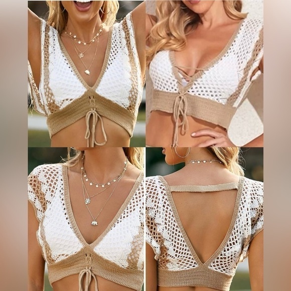 Womens Crochet Sleeveless Crop Top
White & Tan Khaki Size Small Beach Cover up - Picture 3 of 16